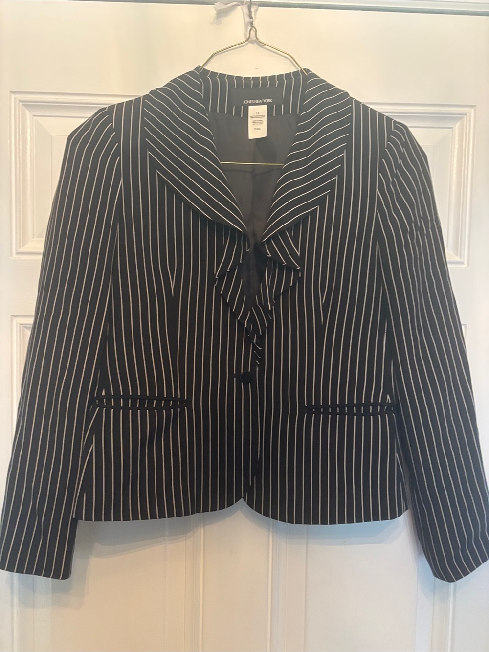 Jones New York Black Pinstripe Ruffle-Front Blazer